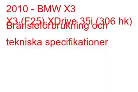 2010 - BMW X3
X3 (F25) XDrive 35i (306 hk) Bränsleförbrukning och tekniska specifikationer