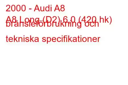 2000 - Audi A8
A8 Long (D2) 6,0 (420 hk) bränsleförbrukning och tekniska specifikationer