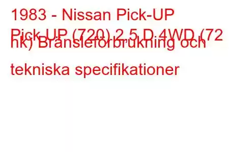 1983 - Nissan Pick-UP
Pick UP (720) 2,5 D 4WD (72 hk) Bränsleförbrukning och tekniska specifikationer