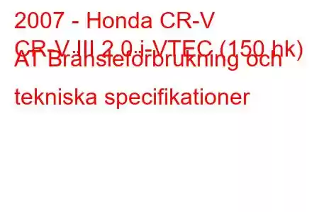 2007 - Honda CR-V
CR-V III 2.0 i-VTEC (150 hk) AT Bränsleförbrukning och tekniska specifikationer