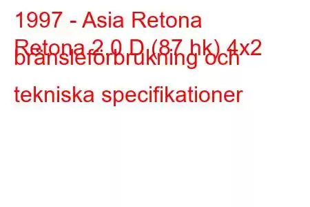 1997 - Asia Retona
Retona 2.0 D (87 hk) 4x2 bränsleförbrukning och tekniska specifikationer