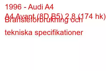 1996 - Audi A4
A4 Avant (8D,B5) 2,8 (174 hk) Bränsleförbrukning och tekniska specifikationer