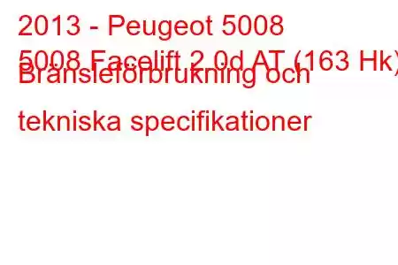 2013 - Peugeot 5008
5008 Facelift 2.0d AT (163 Hk) Bränsleförbrukning och tekniska specifikationer