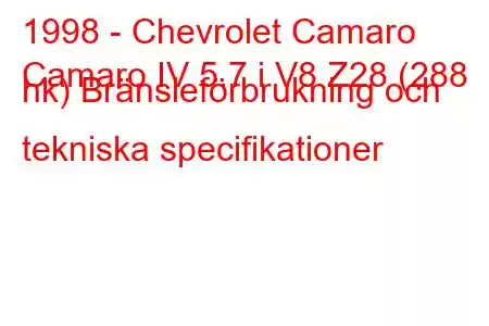 1998 - Chevrolet Camaro
Camaro IV 5.7 i V8 Z28 (288 hk) Bränsleförbrukning och tekniska specifikationer