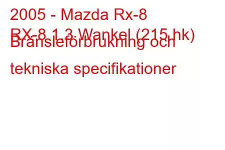 2005 - Mazda Rx-8
RX-8 1,3 Wankel (215 hk) Bränsleförbrukning och tekniska specifikationer