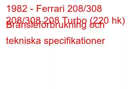 1982 - Ferrari 208/308
208/308 208 Turbo (220 hk) Bränsleförbrukning och tekniska specifikationer