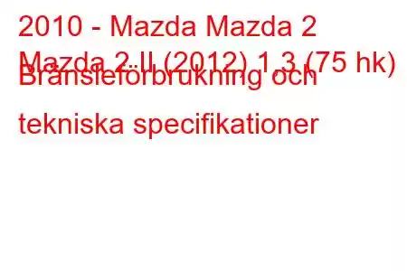 2010 - Mazda Mazda 2
Mazda 2 II (2012) 1,3 (75 hk) Bränsleförbrukning och tekniska specifikationer