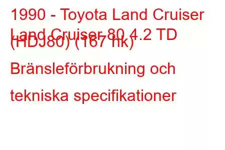 1990 - Toyota Land Cruiser
Land Cruiser 80 4.2 TD (HDJ80) (167 hk) Bränsleförbrukning och tekniska specifikationer