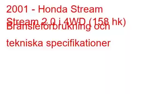 2001 - Honda Stream
Stream 2.0 i 4WD (158 hk) Bränsleförbrukning och tekniska specifikationer