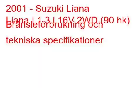 2001 - Suzuki Liana
Liana I 1.3 i 16V 2WD (90 hk) Bränsleförbrukning och tekniska specifikationer