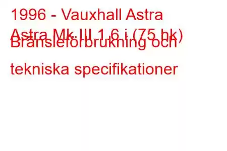 1996 - Vauxhall Astra
Astra Mk III 1.6 i (75 hk) Bränsleförbrukning och tekniska specifikationer