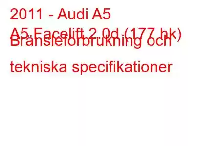 2011 - Audi A5
A5 Facelift 2.0d (177 hk) Bränsleförbrukning och tekniska specifikationer