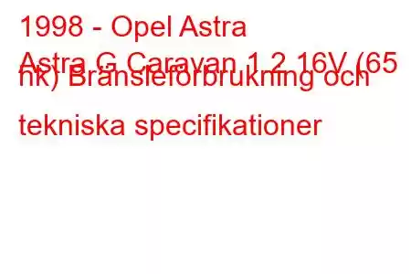 1998 - Opel Astra
Astra G Caravan 1.2 16V (65 hk) Bränsleförbrukning och tekniska specifikationer