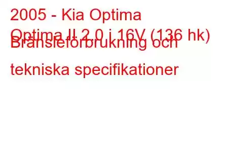 2005 - Kia Optima
Optima II 2.0 i 16V (136 hk) Bränsleförbrukning och tekniska specifikationer