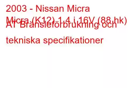 2003 - Nissan Micra
Micra (K12) 1,4 i 16V (88 hk) AT Bränsleförbrukning och tekniska specifikationer