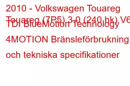 2010 - Volkswagen Touareg
Touareg (7P5) 3.0 (240 hk) V6 TDI BlueMotion Technology 4MOTION Bränsleförbrukning och tekniska specifikationer