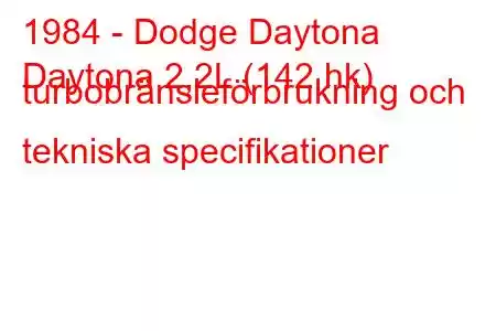 1984 - Dodge Daytona
Daytona 2,2L (142 hk) turbobränsleförbrukning och tekniska specifikationer