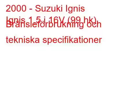 2000 - Suzuki Ignis
Ignis 1,5 i 16V (99 hk) Bränsleförbrukning och tekniska specifikationer