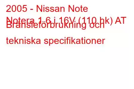 2005 - Nissan Note
Notera 1.6 i 16V (110 hk) AT Bränsleförbrukning och tekniska specifikationer