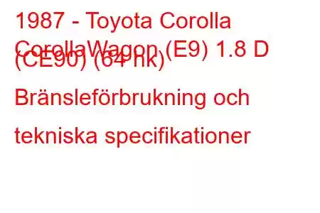 1987 - Toyota Corolla
CorollaWagon (E9) 1.8 D (CE90) (64 hk) Bränsleförbrukning och tekniska specifikationer