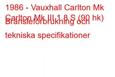 1986 - Vauxhall Carlton Mk
Carlton Mk III 1.8 S (90 hk) Bränsleförbrukning och tekniska specifikationer