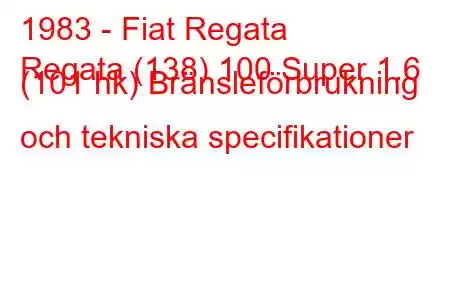 1983 - Fiat Regata
Regata (138) 100 Super 1.6 (101 hk) Bränsleförbrukning och tekniska specifikationer