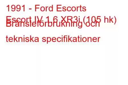 1991 - Ford Escorts
Escort IV 1.6 XR3i (105 hk) Bränsleförbrukning och tekniska specifikationer