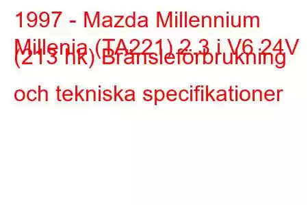 1997 - Mazda Millennium
Millenia (TA221) 2.3 i V6 24V (213 hk) Bränsleförbrukning och tekniska specifikationer