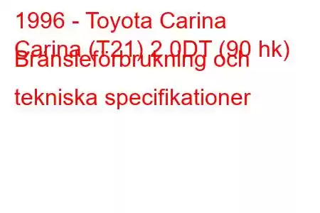 1996 - Toyota Carina
Carina (T21) 2.0DT (90 hk) Bränsleförbrukning och tekniska specifikationer