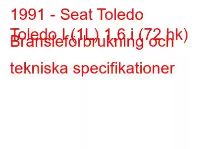 1991 - Seat Toledo
Toledo I (1L) 1,6 i (72 hk) Bränsleförbrukning och tekniska specifikationer