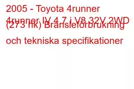 2005 - Toyota 4runner
4runner IV 4.7 i V8 32V 2WD (273 hk) Bränsleförbrukning och tekniska specifikationer