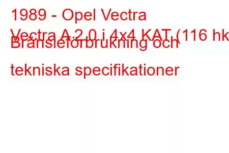 1989 - Opel Vectra
Vectra A 2.0 i 4x4 KAT (116 hk) Bränsleförbrukning och tekniska specifikationer