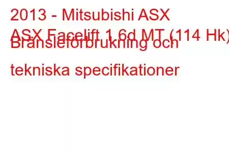 2013 - Mitsubishi ASX
ASX Facelift 1.6d MT (114 Hk) Bränsleförbrukning och tekniska specifikationer