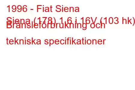 1996 - Fiat Siena
Siena (178) 1,6 i 16V (103 hk) Bränsleförbrukning och tekniska specifikationer