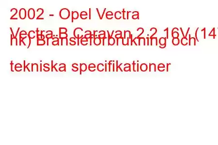 2002 - Opel Vectra
Vectra B Caravan 2.2 16V (147 hk) Bränsleförbrukning och tekniska specifikationer