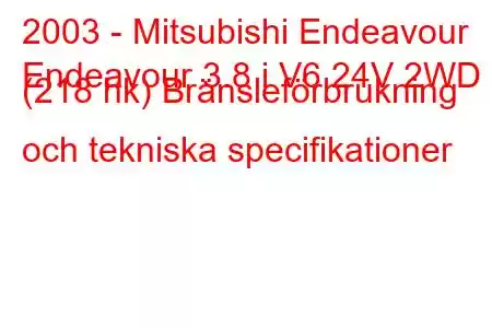 2003 - Mitsubishi Endeavour
Endeavour 3.8 i V6 24V 2WD (218 hk) Bränsleförbrukning och tekniska specifikationer