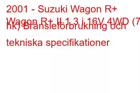 2001 - Suzuki Wagon R+
Wagon R+ II 1.3 i 16V 4WD (76 hk) Bränsleförbrukning och tekniska specifikationer