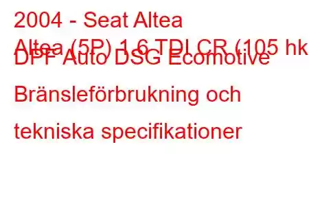 2004 - Seat Altea
Altea (5P) 1.6 TDI CR (105 hk) DPF Auto DSG Ecomotive Bränsleförbrukning och tekniska specifikationer