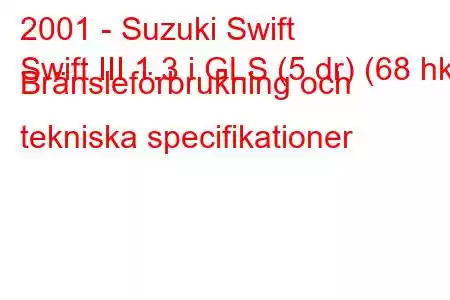 2001 - Suzuki Swift
Swift III 1.3 i GLS (5 dr) (68 hk) Bränsleförbrukning och tekniska specifikationer