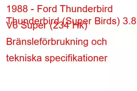 1988 - Ford Thunderbird
Thunderbird (Super Birds) 3.8 i V6 Super (234 Hk) Bränsleförbrukning och tekniska specifikationer