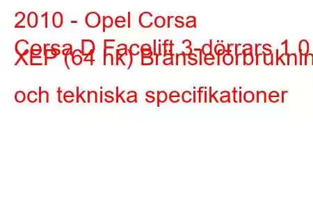 2010 - Opel Corsa
Corsa D Facelift 3-dörrars 1.0 XEP (64 hk) Bränsleförbrukning och tekniska specifikationer