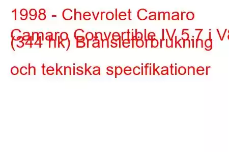 1998 - Chevrolet Camaro
Camaro Convertible IV 5.7 i V8 (344 hk) Bränsleförbrukning och tekniska specifikationer