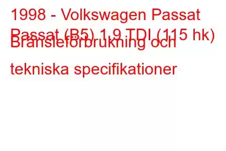 1998 - Volkswagen Passat
Passat (B5) 1.9 TDI (115 hk) Bränsleförbrukning och tekniska specifikationer