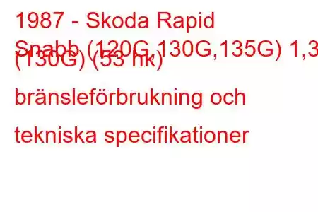 1987 - Skoda Rapid
Snabb (120G,130G,135G) 1,3 (130G) (53 hk) bränsleförbrukning och tekniska specifikationer