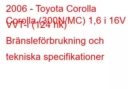 2006 - Toyota Corolla
Corolla (300N/MC) 1,6 i 16V VVT-i (124 hk) Bränsleförbrukning och tekniska specifikationer