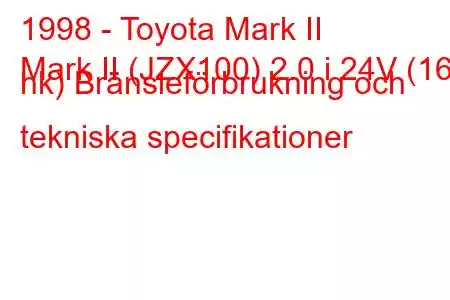 1998 - Toyota Mark II
Mark II (JZX100) 2.0 i 24V (160 hk) Bränsleförbrukning och tekniska specifikationer