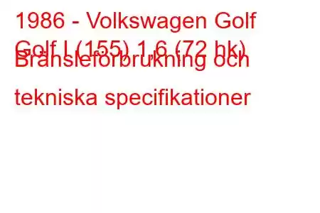 1986 - Volkswagen Golf
Golf I (155) 1,6 (72 hk) Bränsleförbrukning och tekniska specifikationer