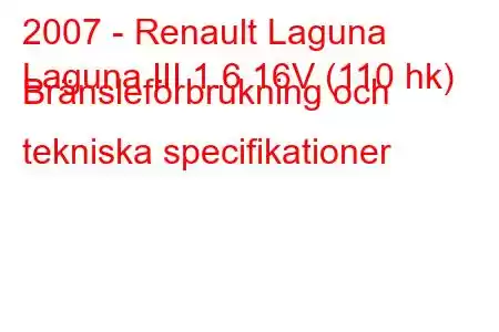 2007 - Renault Laguna
Laguna III 1.6 16V (110 hk) Bränsleförbrukning och tekniska specifikationer