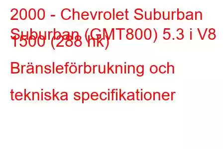 2000 - Chevrolet Suburban
Suburban (GMT800) 5.3 i V8 1500 (288 hk) Bränsleförbrukning och tekniska specifikationer