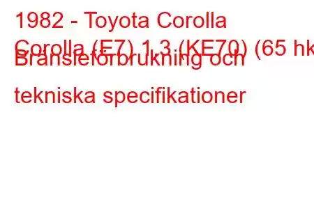 1982 - Toyota Corolla
Corolla (E7) 1.3 (KE70) (65 hk) Bränsleförbrukning och tekniska specifikationer